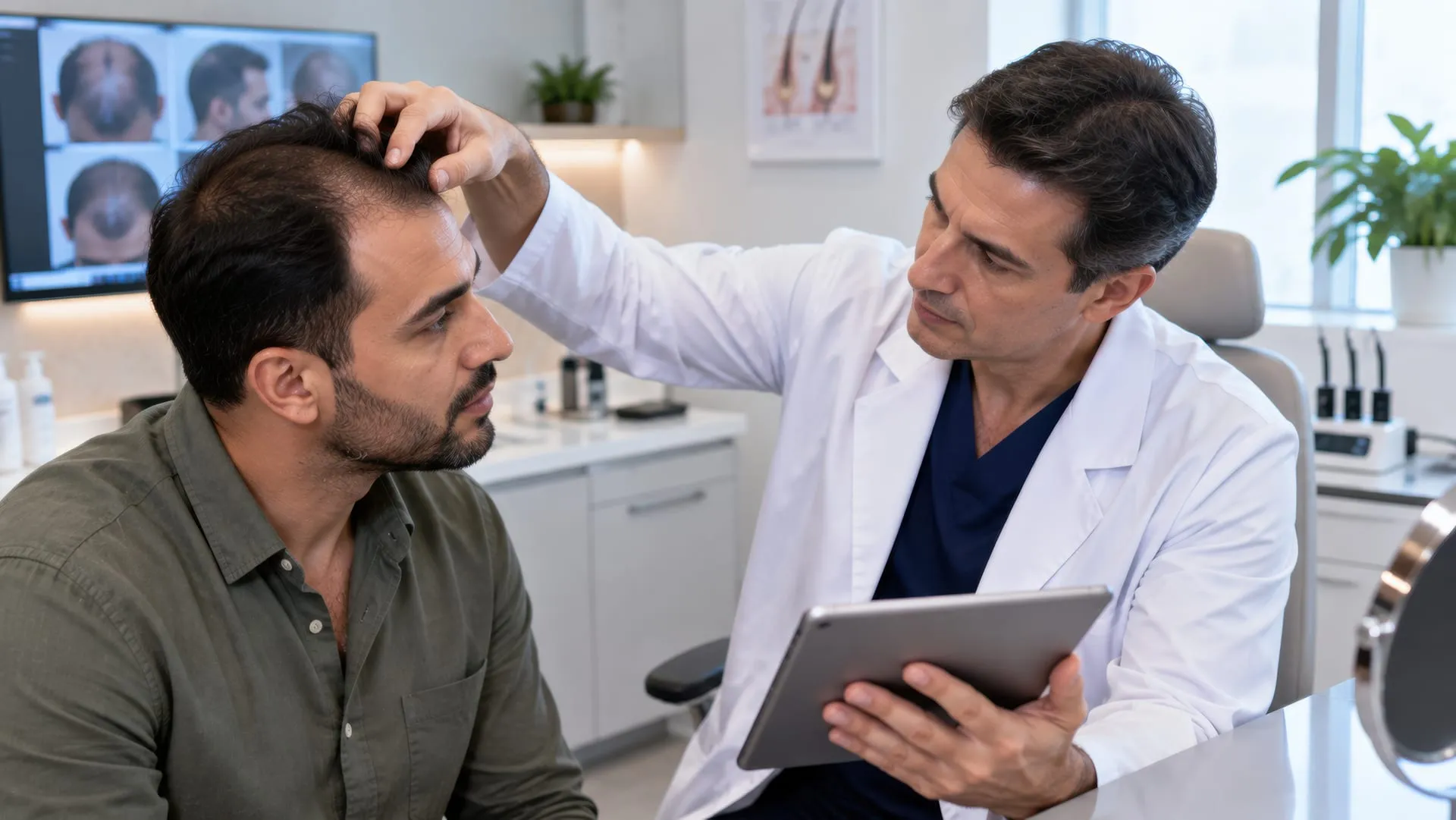 Doctor examining a patient’s hairline, holding a tablet