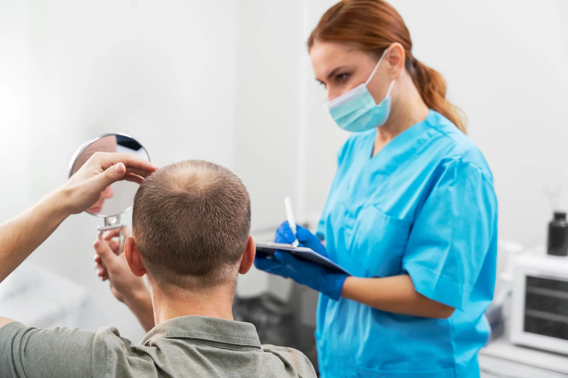 Man with a thinning crown holding a hand mirror, next to a specialist with a clipboard