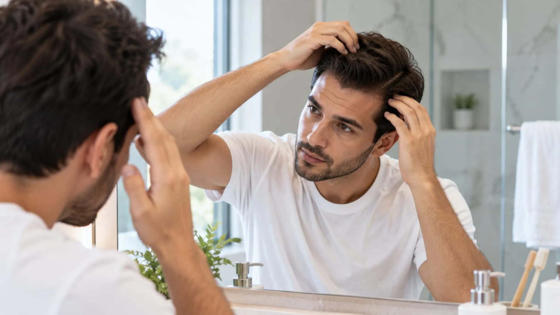 Man looking at his hair in the bathroom mirror